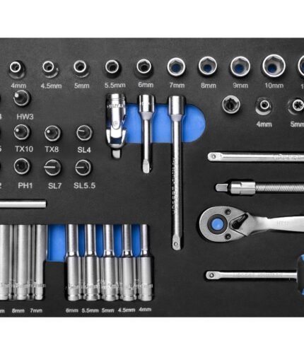 Įrankių komplektas 1/4 terkšlės / 63dalių / su dėklu vežimėliui
