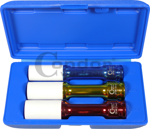 Prailgintų galvų komplektas ratams su apsauga 1/2" / 17-19-21mm Prailgintų galvų komplektas ratams su apsauga 1/2" / 17-19-21mm