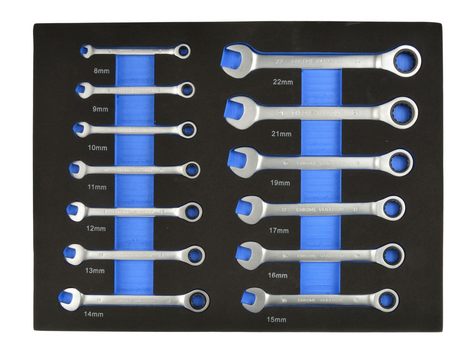 Terkšlinių raktų komplekttas 8-22mm su įdėklu vežimėliui 13 dalių Terkšlinių raktų komplekttas 8-22mm su įdėklu vežimėliui 13 dalių
