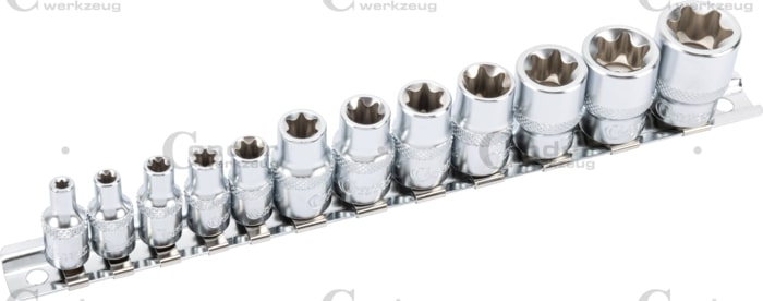 Trumpų E-profil galvučių komplektas 1/4+3/8 (E4-E20 mm) profi (Xcess) Trumpų E-profil galvučių komplektas 1/4+3/8 (E4-E20 mm) profi (Xcess)
