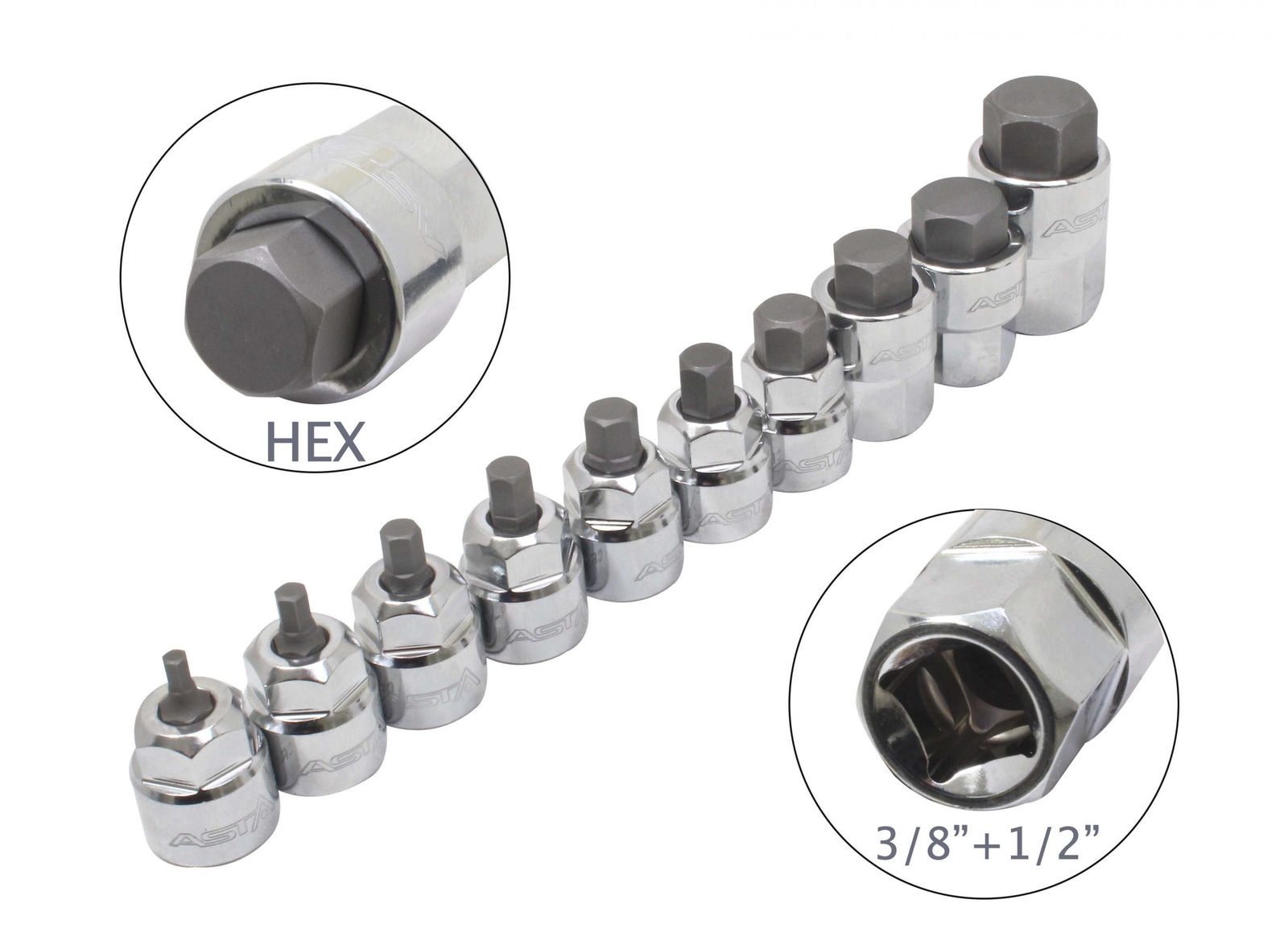 Itin trumpi įpresuoti HEX antgaliai 3/8+1/2 (H3-H17) Itin trumpi įpresuoti HEX antgaliai 3/8+1/2 (H3-H17)