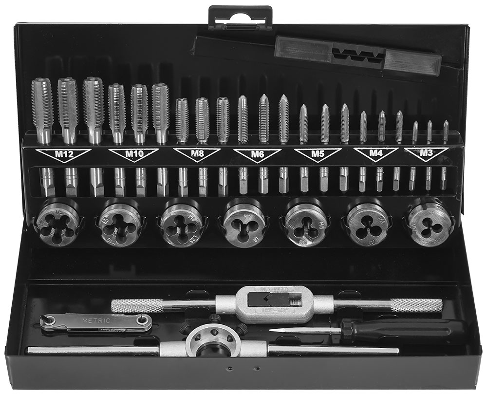 Sriegiklių ir sriegpjovių komplektas / M3-M12 / 32dalių Sriegiklių ir sriegpjovių komplektas / M3-M12 / 32dalių